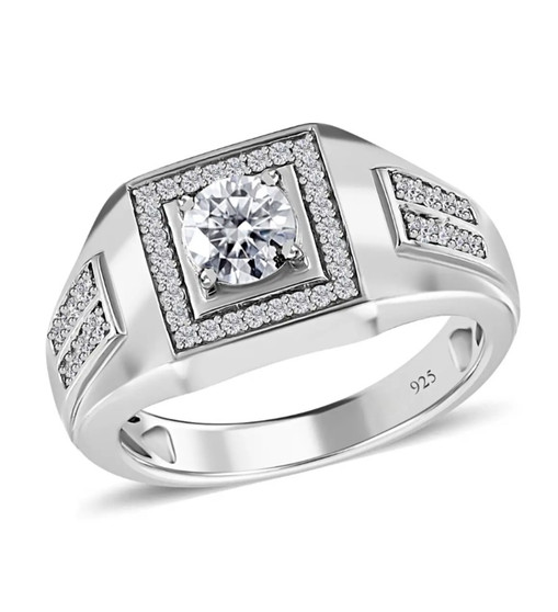 mens moissanite ring in rhodium over sterling silver
