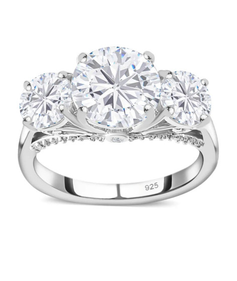 moissanite round trilogy ring in rhodium over sterling silver