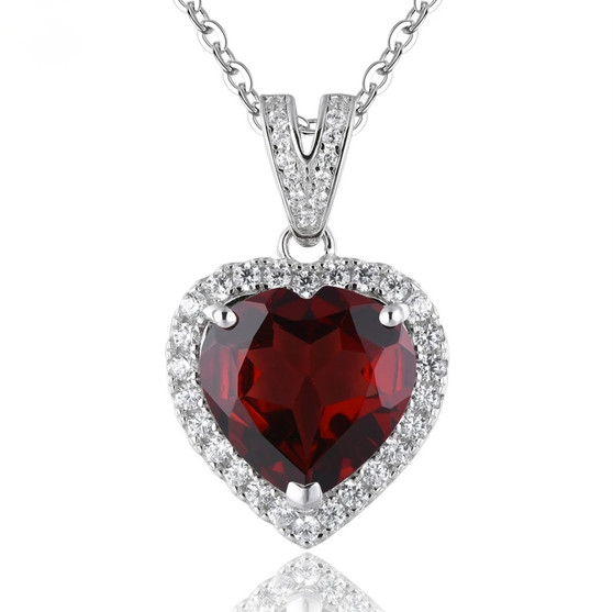 garnet heart and white zircon halo pendant necklace in rhodium over sterling silver