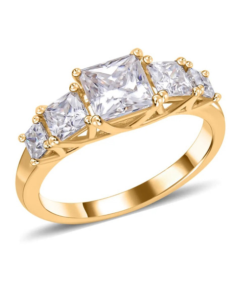 princess cut moissanite five stone band ring in 18k yellow gold over sterling silver