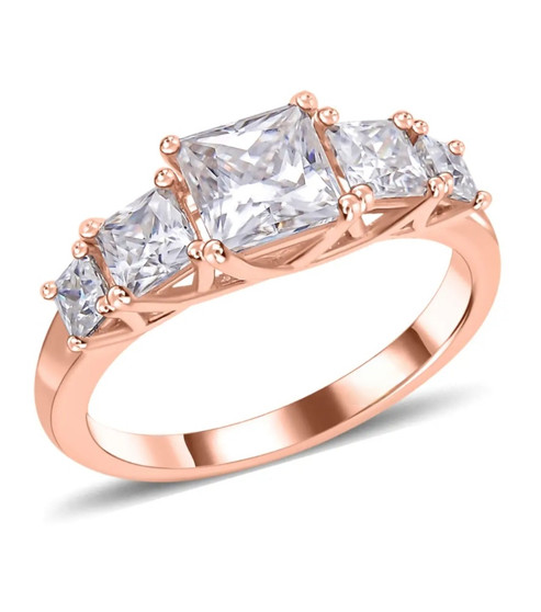 princess cut moissanite five stone band ring in 18k rose gold over sterling silver
