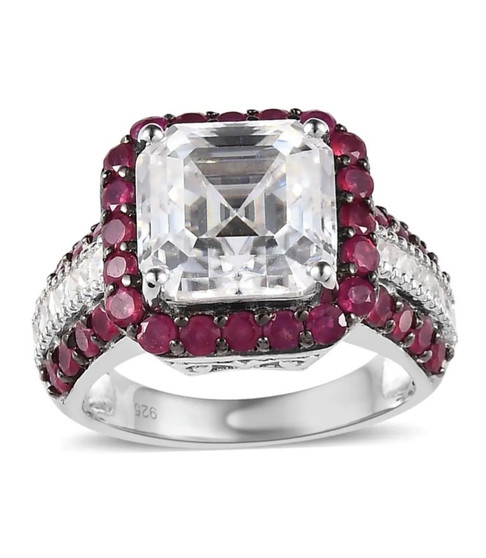 asscher cut moissanite and ruby halo ring in rhodium over sterling silver