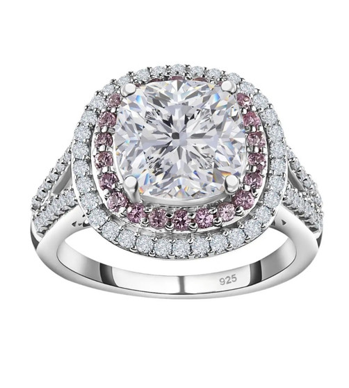 moissanite and pink sapphire halo ring in rhodium over sterling silver