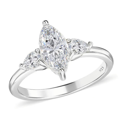 marquise and pear moissanite trilogy ring in rhodium over sterling silver