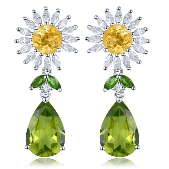 peridot and citrine flower drop earrings in rhodium over sterling silver