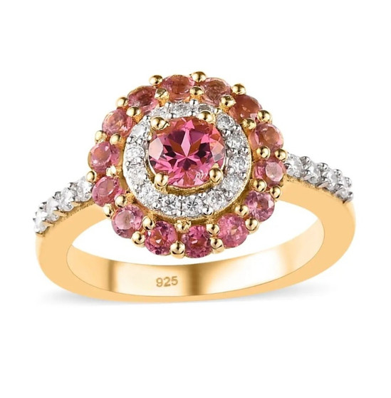 round pink tourmaline and moissanite halo ring in 18k yellow gold over sterling silver