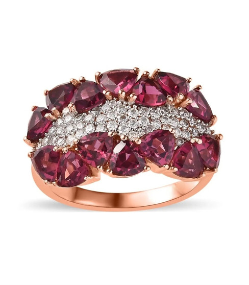 rhodolite garnet and moissanite cluster ring in 18k rose gold over sterling silver