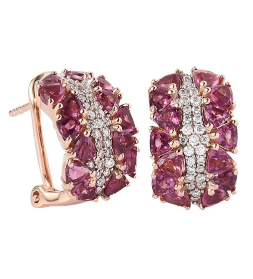 rhodolite garnet and moissanite cluster earrings in 18k rose gold over sterling silver