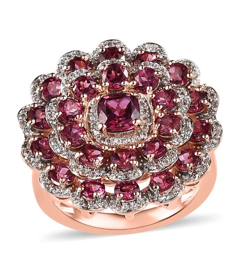 rhodolite garnet and white zircon statement ring in 18k rose gold over sterling silver