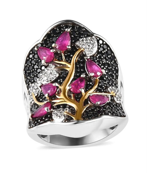 ruby black spinel and zircon cluster ring in 18k yellow gold and rhodium over sterling silver