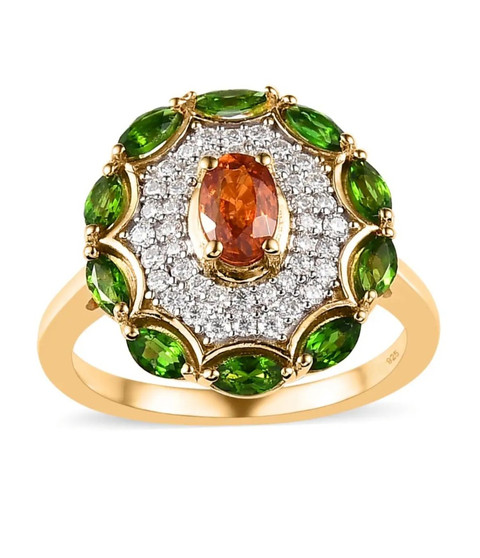 spessartine garnet chrome diopside and moissanite halo ring in 18k yellow gold over sterling silver