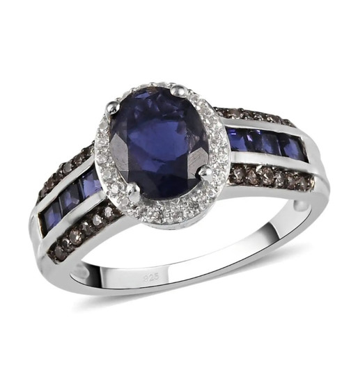 iolite brown zircon and white zircon ring in rhodium over sterling silver