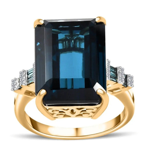front view of london blue emerald cut topaz blue diamond and white diamond ring in 10k yellow gold