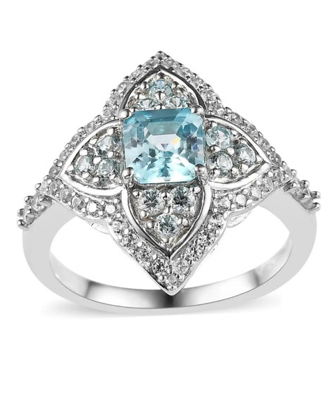blue and white zircon ring in rhodium over sterling silver