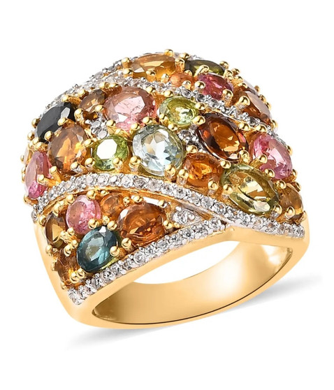 multi color tourmaline and white zircon cocktail ring in 18k yellow gold over sterling silver