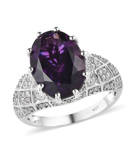 amethyst and moissanite ring in rhodium over sterling silver
