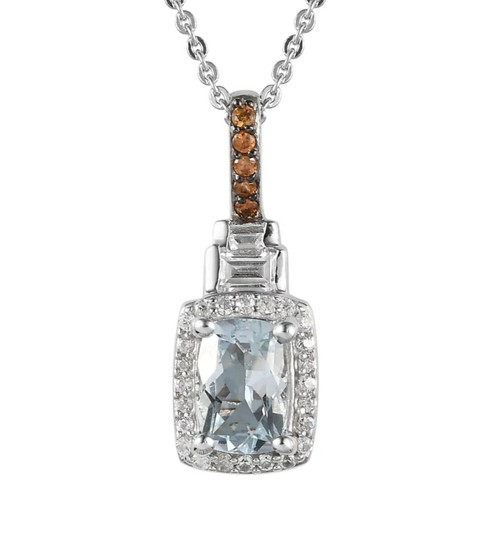 aquamarine with brown and white zircon halo necklace in rhodium over sterling silver