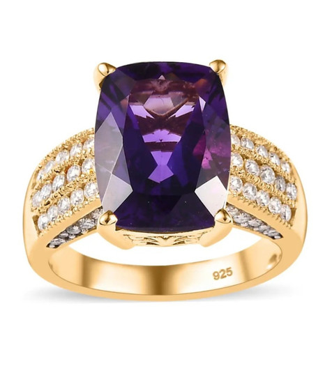 amethyst and moissanite ring in 18k yellow gold over sterling silver