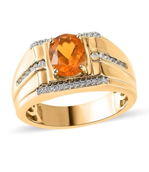 fire opal and white zircon gents ring in 18k yellow gold over sterling silver