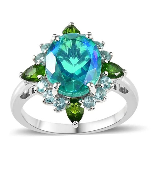 quartz triplet chrome diopside and blue apatite halo ring in rhodium over sterling silver