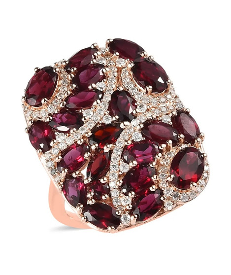 garnet and moissanite cocktail ring in 18k rose gold over sterling silver