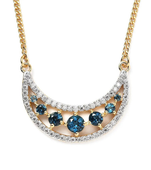 london blue topaz and moissanite moon necklace in 18k yellow gold over sterling silver