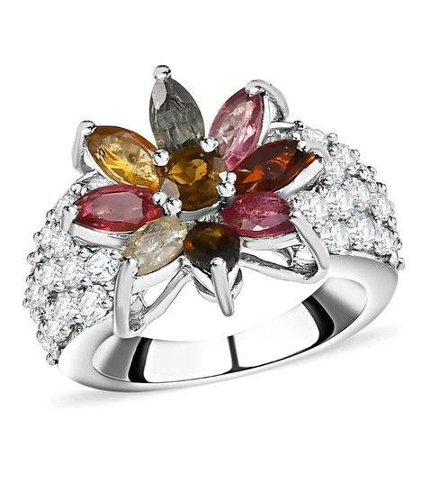 multi tourmaline and white zircon flower ring in rhodium over sterling silver