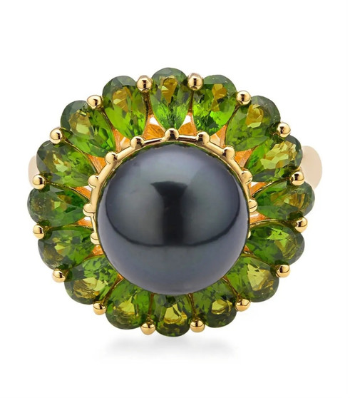 tahitian cultured pearl and chrome diopside halo ring on 18k yellow gold over sterling silver