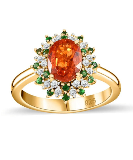 spessartine garnet tsavorite garnet and moissanite halo ring in 18k yellow gold over sterling silver