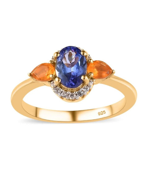 tanzanite fire opal and zircon ring in 18k yellow gold over sterling silver