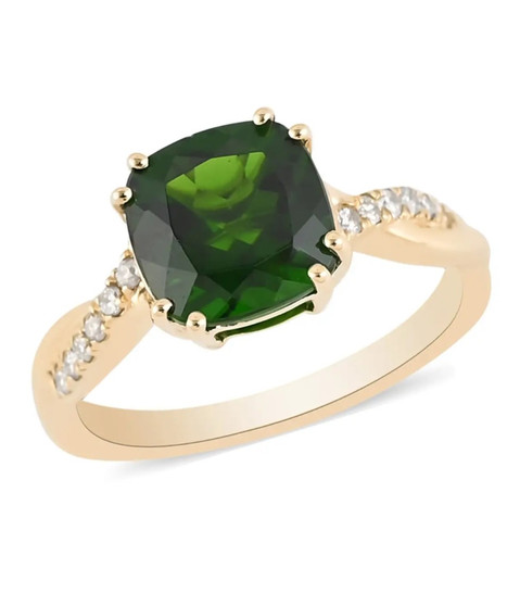 front view of cushion chrome diopside and diamond ring in 14k yellow gold