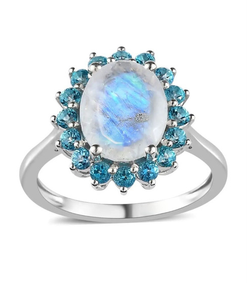 rainbow moonstone and blue topaz halo ring in rhodium over sterling silver