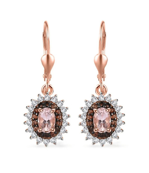 back view of morganite brown and white zircon lever back earrings in 18k rose gold over sterling silver