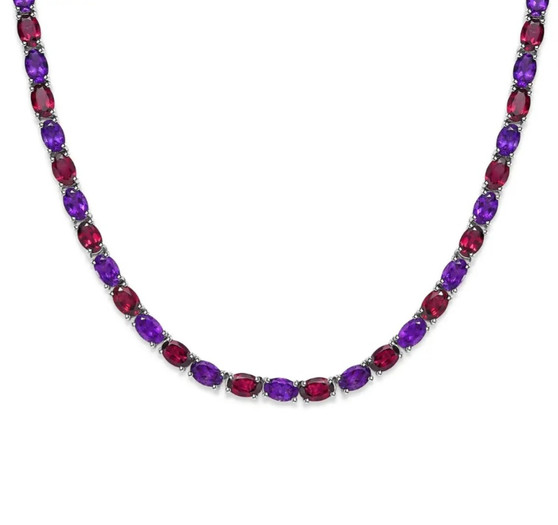 amethyst and rhodolite garnet rhodium over sterling silver tennis necklace front