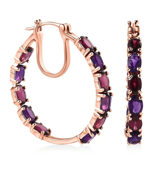 amethyst and rhodolite garnet hoop earrings in 18k rose gold over sterling silver