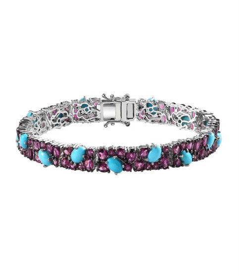 sleeping beauty turquoise and rhodolite garnet tennis bracelet in rhodium over sterling silver
