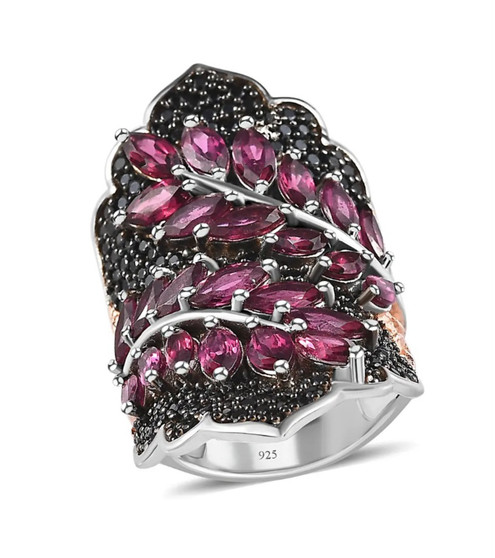 black spinel and rhodolite garnet statement ring in 18k rose gold and rhodium over sterling silver