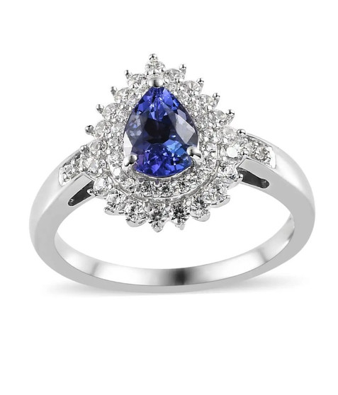 tanzanite and white zircon double halo ring in rhodium over sterling silver