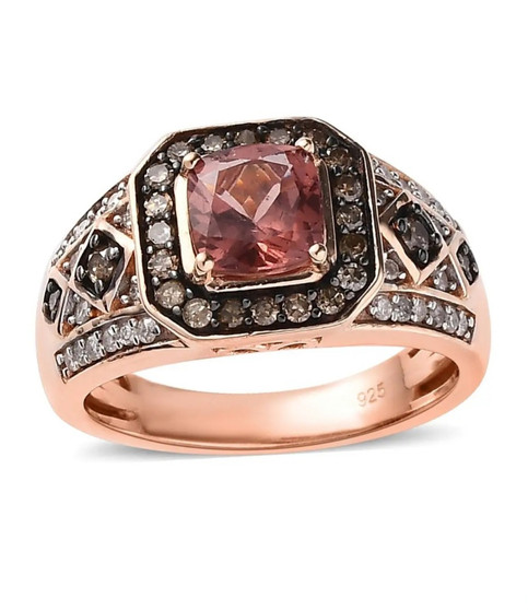 front view of pink apatite champagne and white diamond ring in 18k rose gold over sterling silver