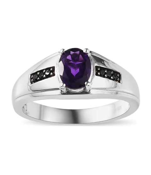 amethyst and black spinel mens ring in rhodium over sterling silver