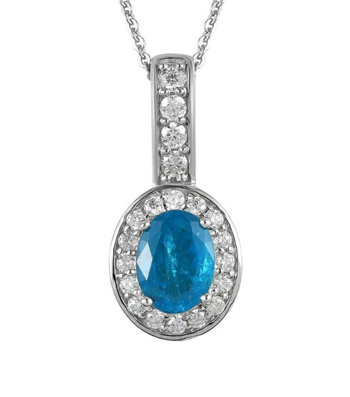 blue apatite and moissanite halo pendant necklace in rhodium over sterling silver