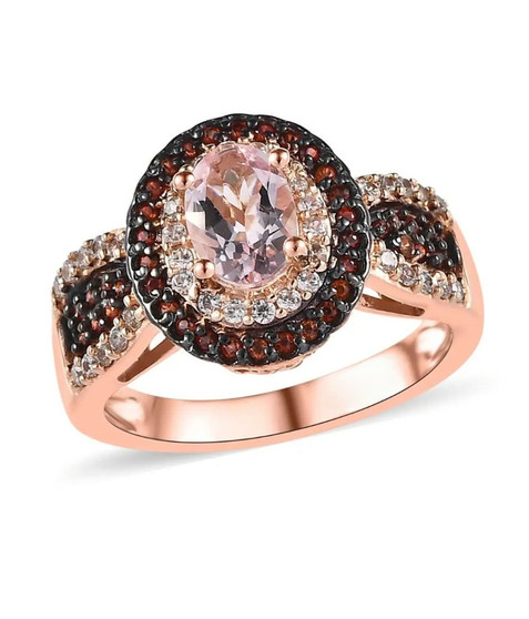 morganite brown zircon and white zircon halo ring in 18k rose gold over sterling silver
