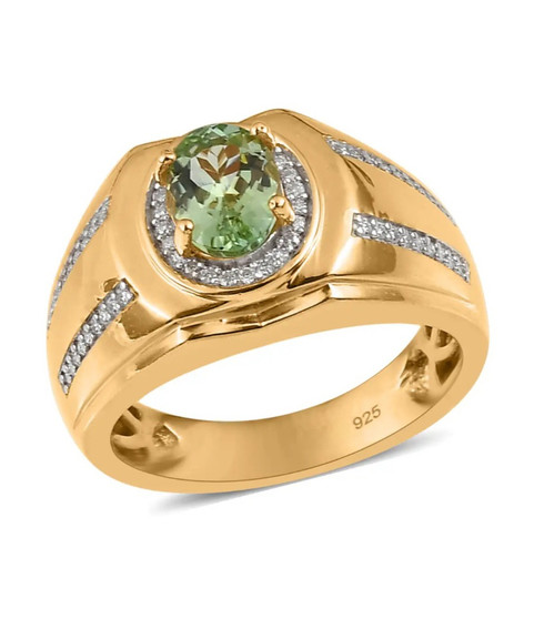 green tourmaline and moissanite gents ring in 18k yellow gold over sterling silver