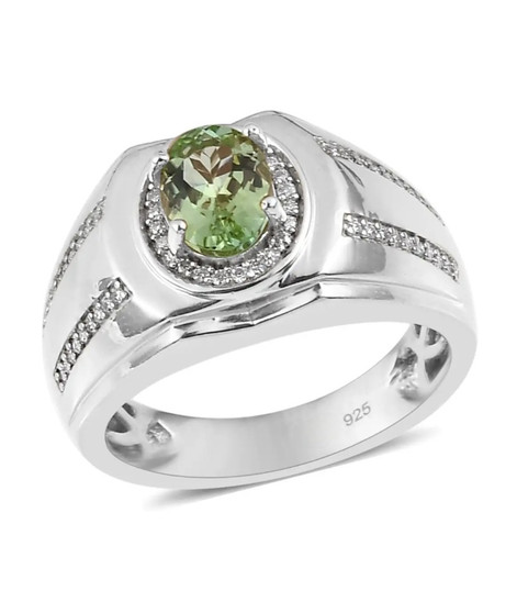 green tourmaline and moissanite gents ring in rhodium over sterling silver