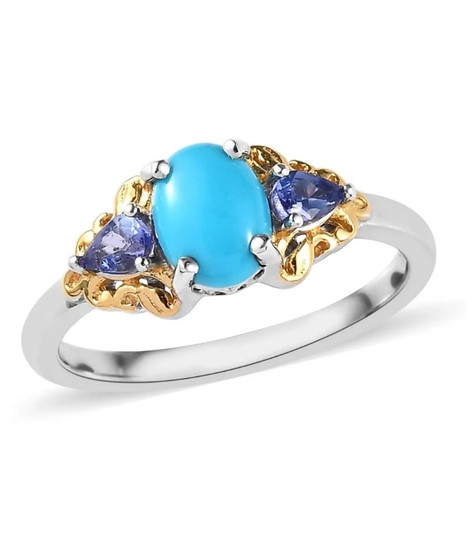 arizona sleeping beauty turquoise and tanzanite ring in 18k yellow gold and rhodium over sterling silver