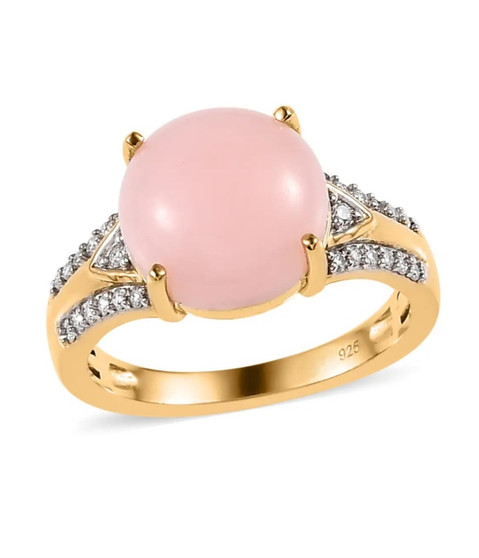 pink opal and moissanite ring in 18k yellow gold over sterling silver