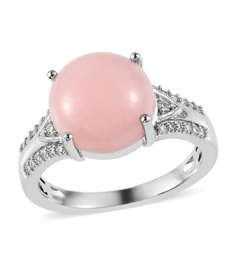 pink opal and moissanite ring in rhodium over sterling silver