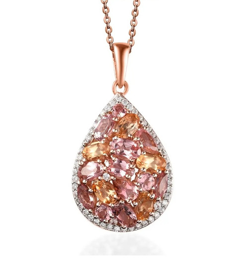 pink tourmaline imperial topaz and moissanite pear cluster pendant necklace in 18k rose gold over sterling silver
