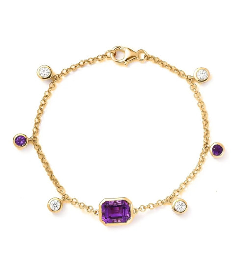 amethyst and moissanite bezel charm bracelet in 18k yellow gold over sterling silver