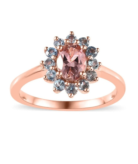 oval pink tourmaline and aquamarine halo ring in 18k rose gold over sterling silver